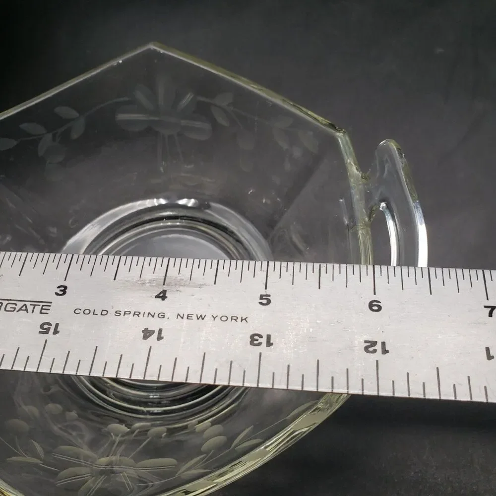 Vintage Etched Glass Double Handle Footed Bowl Floral Serving Dish